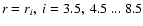 $r=r_i,\ i=3.5,~ 4.5~ ...~ 8.5$