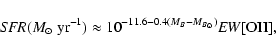 \begin{displaymath}
{\it SFR}(M_{\odot}~{\rm yr}^{-1}) \approx 10^{-11.6{-}0.4 (M_{B} - M_{{B}_{\odot}})} {\it {\it EW}}[{\rm O{\small II}}] ,
\end{displaymath}
