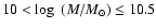 ${10} < \log~(M/M_{\odot}) \le {10.5}$