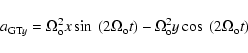 \begin{displaymath}
a_{{\rm GT}y} = \Omega_{\rm o}^{2}x \sin~ (2\Omega_{\rm o}t) -
\Omega_{\rm o}^{2}y \cos~ (2\Omega_{\rm o}t)
\end{displaymath}