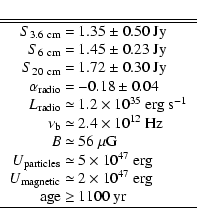 \begin{displaymath}\begin{tabular}{r@{~} c@{~} l}
\hline\hline
$S_{\rm 3.6~ cm}$...
...es 10^{47}$ erg\\
age &$\geq$ &1100 yr\\
\hline
\end{tabular}\end{displaymath}