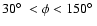 $30\hbox {$^\circ $ }< \phi < 150\hbox {$^\circ $ }$