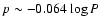 $p \sim - 0.064 \log P$
