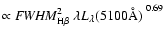 $\propto {\it FWHM}_{\rm H\beta}^2~\mbox{$\lambda L_{\lambda}(5100\AA)$\ }^{0.69}$