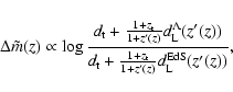 \begin{displaymath}%
\Delta \tilde m (z) \propto
\log \frac{d_{\rm t} + \frac{1...
...+ \frac{1 + z_{\rm t}}{1 + z'(z)} d_{\rm L}^{\rm EdS}(z'(z))},
\end{displaymath}