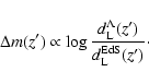 \begin{displaymath}%
\Delta m (z') \propto
\log \frac{d_{\rm L}^\Lambda(z')}{d_{\rm L}^{\rm EdS}(z')}\cdot
\end{displaymath}