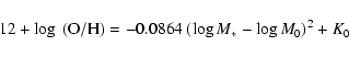 \begin{displaymath}
12+\log~({\rm O/H}) = -0.0864~(\log M_* - \log M_0)^2 + K_0
\end{displaymath}