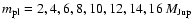 $m_{\rm pl} = 2,4,6, 8,10,12,14,16~M_{\rm Jup}$