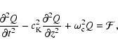 \begin{displaymath}\frac{\partial^2 Q}{\partial t^2}-c_{\rm K}^2\frac{\partial^2Q}{\partial
z^2}+\omega_{\rm c}^2Q={\cal F},
\end{displaymath}