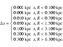 \begin{displaymath}\Delta s = \left\lbrace
\begin{array}{ll}
0.002~{\rm kpc} &...
...0~{\rm kpc} & s, R > 6.300~{\rm kpc}. \\
\end{array} \right.
\end{displaymath}