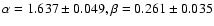 $\alpha = 1.637 \pm 0.049, \beta = 0.261 \pm 0.035$