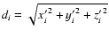 $d_i = \sqrt{{x'_i}^2 + {y'_i}^2 +{z'_i}^2}$