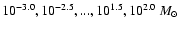 $10^{-3.0}, 10^{-2.5}, ..., 10^{1.5}, 10^{2.0}~M_{\odot}$