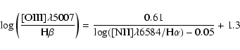 \begin{displaymath}\log\left(\frac{[\rm {OIII}]\lambda5007}{\rm {H}\beta}\right)...
...ac{0.61}{\log([\rm {NII}]\lambda6584/\rm {H}\alpha)-0.05}+1.3
\end{displaymath}