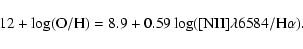 \begin{displaymath}12+\log(\rm {O/H})=8.9+0.59\log([\rm {NII}]\lambda6584/\rm {H}\alpha).
\end{displaymath}