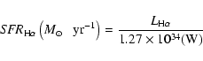 \begin{displaymath}{\it SFR}_{\rm H\alpha}\left ({M}_{\odot}~{\rm ~~yr^{-1}}\right)=\frac{L_{{\rm H}\alpha}}{1.27\times10^{34}({\rm W})}
\end{displaymath}