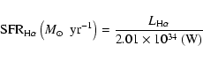\begin{displaymath}{\rm SFR_{H\alpha}}\left({M}_{\odot}{\rm ~~yr^{-1}}\right)=\frac{L_{{\rm H}\alpha}}{2.01\times10^{34}~({\rm W})}
\end{displaymath}