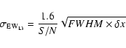 \begin{displaymath}\sigma_{\rm EW_{\rm Li}}=\frac{1.6}{S/N} \sqrt{FWHM \times \delta x}
\end{displaymath}
