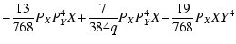 $\displaystyle - \frac{13}{768} P_{X} P_{Y}^4 X \!+\! \frac{7}{384 q} P_{X} P_{Y}^4 X \!-\!
\frac{19 }{768} P_{X} X Y^4$