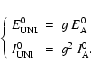 \begin{displaymath}\left\{ \begin{array}{lll}
E_{{\rm UNI}}^0 &=& g ~ E_{\rm A}...
...m]
I^0_{{\rm UNI}} &=& g^2 ~ I^0_{\rm A}.
\end{array} \right.
\end{displaymath}