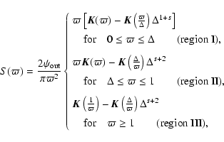 \begin{displaymath}%
S(\varpi) = \frac{ 2 \psi_{\rm out}}{\pi \varpi^2}
\left\{ ...
...uad \varpi \ge 1 \qquad {\rm (region~III)},
\end{array}\right.
\end{displaymath}