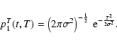 \begin{displaymath}
p_{1}^{T}(t,T) = \left( 2 \pi\sigma^2 \right)^{-\frac{1}{2}} ~ {\rm e}^{- \frac{T^2}{2\sigma^2}}.
\end{displaymath}