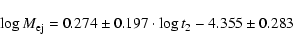 \begin{displaymath}%
\log M_{\rm ej}= 0.274 \pm 0.197 \cdot \log t_2 - 4.355 \pm 0.283
\end{displaymath}