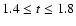 $1.4 \le t \le 1.8$