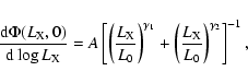 \begin{displaymath}
\frac{{\rm d}\Phi(L_{\rm X},0)}{{\rm d}\log L_{\rm X}}=A\lef...
..._1}+\left(\frac{L_{\rm X}}{L_0}\right)^{\gamma_2}\right]^{-1},
\end{displaymath}