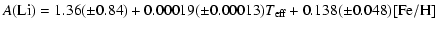 $\displaystyle {A}({\rm Li})=1.36(\pm0.84)+0.00019(\pm0.00013){T}_{\rm eff}
+0.138(\pm0.048){\rm [Fe/H]}$