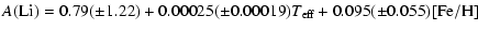 $\displaystyle {A}({\rm Li})=0.79(\pm1.22)+0.00025(\pm0.00019){T}_{\rm eff}
+0.095(\pm0.055){\rm [Fe/H]}$