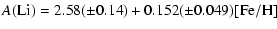 $\displaystyle {A}({\rm Li})=2.58(\pm0.14)+0.152(\pm0.049){\rm [Fe/H]}$