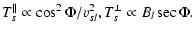 $\displaystyle %
T_s^{\parallel} \propto \cos^2\Phi/v_{s l}^2, T_s^{\perp} \propto B_l\sec\Phi.$