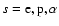 $s = {\rm e, p}, \alpha$