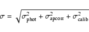 \begin{displaymath}%
\sigma =\sqrt{\sigma_{\rm phot}^{2}+\sigma_{\rm apcorr}^{2}+\sigma_{\rm calib}^{2}}
\end{displaymath}