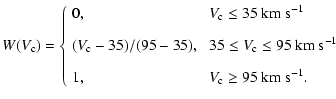 $\displaystyle %
W(V_{\rm c})= \left\{ \begin{array}{ll}
0, & \;V_{\rm c}\le 35~...
...m~s}^{-1} \\  [3mm]
1, & \; V_{\rm c}\ge 95~{\rm km~s}^{-1}.
\end{array}\right.$