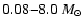 $0.08{-}8.0~M_\odot$