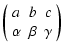 $\displaystyle %
\left( \begin{array}{ccc} a & b & c \\  \alpha & \beta & \gamma \end{array}\right)$