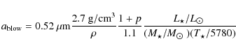 \begin{displaymath}a_{\rm blow} = 0.52~\mu {\rm m}\frac{2.7~{\rm g/cm}^3}{\rho}\...
...{$\odot$ }}}{(M_{\star}/M_{\hbox{$\odot$ }})(T_{\star}/5780)}
\end{displaymath}