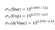 \begin{eqnarray*}&& \sigma_V({\rm Star}) = 10^{0.309 V - 7.62}\\
&& \sigma_V({\...
...71 V - 6.67}\\
&& \sigma_V({\rm deVauc}) = 10^{0.259 V - 6.34}.
\end{eqnarray*}