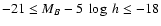 $-21 \leq M_B - 5\ \log~h \leq -18$