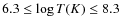 $6.3 \leq \log T(K) \leq 8.3$