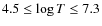 $4.5 \leq \log T \leq 7.3$