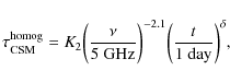 \begin{displaymath}\tau_{\rm CSM}^{\rm homog} = K_2 \bigg({\nu \over 5{\rm ~GHz}}\bigg)^{-2.1} \bigg({t \over 1{\rm ~day}}\bigg)^\delta,
\end{displaymath}