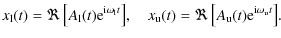 $\displaystyle x_{\rm l}(t) = \Re\left[A_{\rm l}(t){\rm e}^{{\rm i}\omega_{\rm l...
...
x_{\rm u}(t) = \Re\left[A_{\rm u}(t){\rm e}^{{\rm i}\omega_{\rm u}t}\right]\!.$
