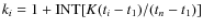 $k_{{i}}=1+{{\rm INT}}[K (t_{{i}}-t_1)/(t_{{n}}-t_1)]$