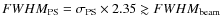 $FWHM_{\rm PS}=\sigma_{\rm PS}\times 2.35 \gtrsim FWHM_{\rm beam}$