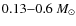 $0.13{-}0.6~ M_{\odot}$