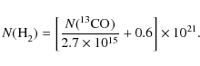 \begin{displaymath}N(\element[][][][2]{H}) = \left[ \frac{N(\element[][13]{CO})}{2.7 \times 10^{15}} + 0.6 \right] \times 10^{21}.
\end{displaymath}