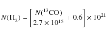 \begin{displaymath}N(\element[][][][2]{H}) = \left[ \frac{N(\element[][13]{CO})}{2.7 \times 10^{15}} + 0.6 \right] \times 10^{21}
\end{displaymath}
